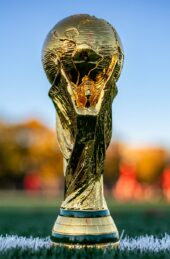 a close up of a soccer ball on a field