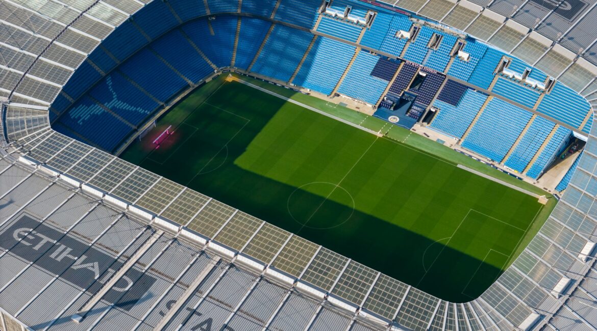 an aerial view of a soccer field in a stadium